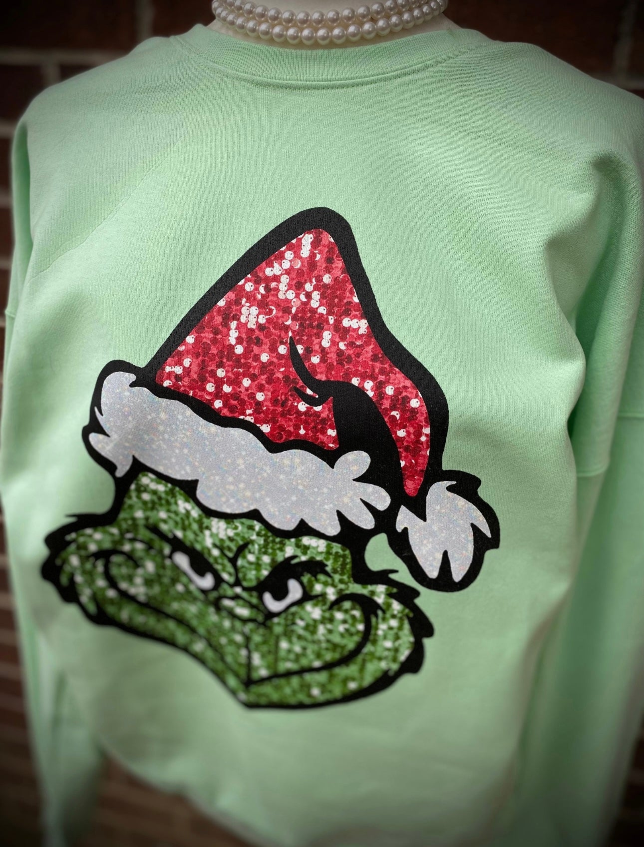 Sequin Grinch Face Sweatshirt