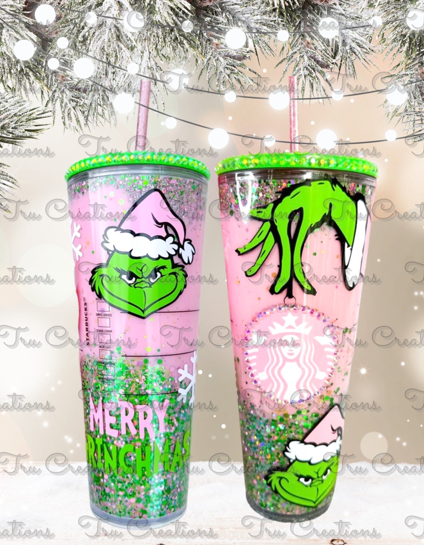 Pink & Green Grinch Snowglobe Tumbler